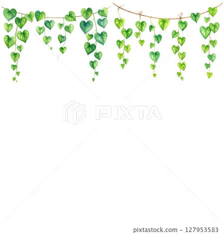 Green leaf frame border design with natural flowers illustration on white background. 127953583
