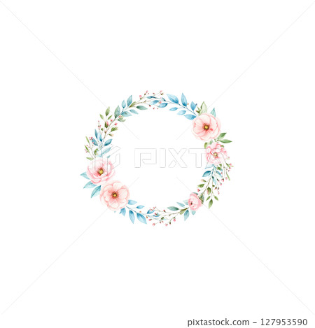 Colorful floral wreath on white background 127953590