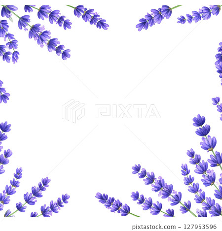 Blue flowers frame a beautiful spring border of blossoms and leaves 127953596