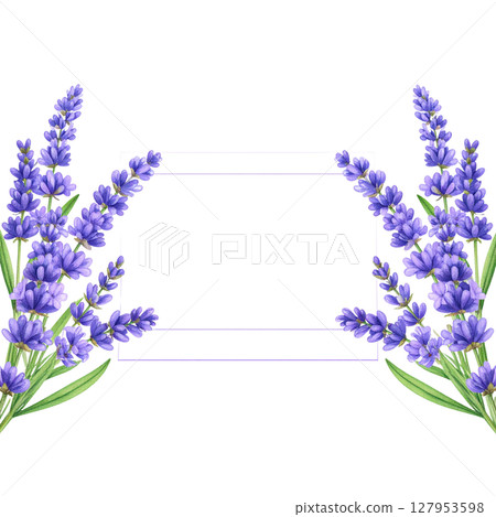 Blue flowers frame a beautiful spring border of blossoms and leaves 127953598