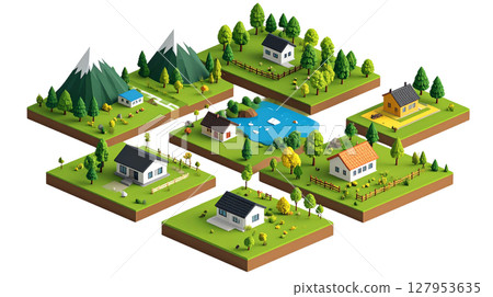 3D city illustration with residential city buildings, trees and roads on white background. 127953635