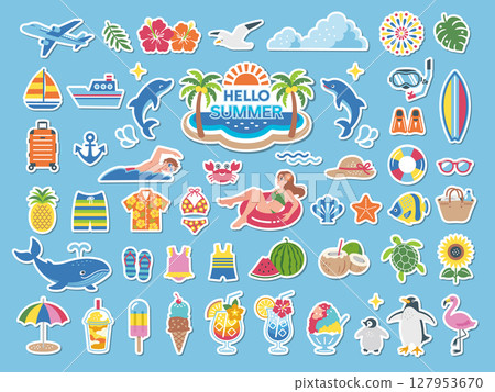 Summer beach and travel sticker style icon set 127953670