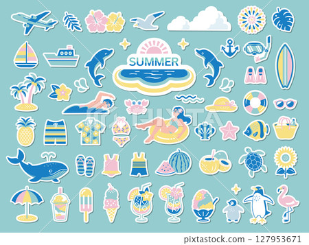 夏季海灘和旅遊貼紙樣式圖示集 127953671