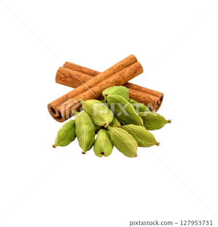 Aromatic brown cinnamon sticks and star anise are sweet spice ingredients for food on white background. 127953731