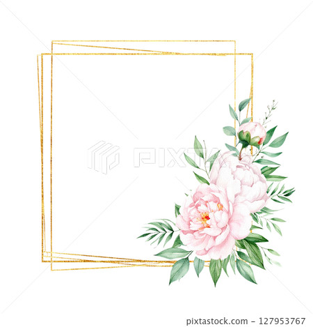 Illustration of floral frame with spring flowers and leaves on white background. 127953767