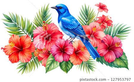 Colorful tropical bouquet with exotic birds 127953797