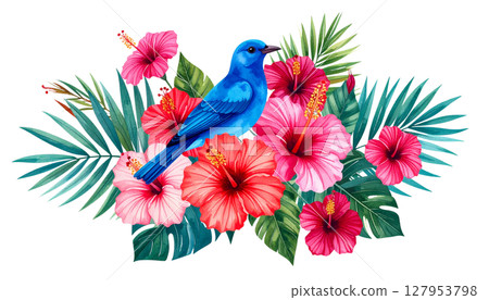 Colorful tropical bouquet with exotic birds 127953798