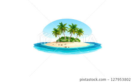 Tropical beach island with green palm trees and coconuts under the sun 127953802