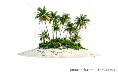 Tropical beach island with green palm trees and coconuts under the sun Tropical beach island with green palm trees and coconuts under the sun 127953805