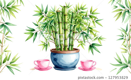Green bamboo plant with leaves, isolated on white background 127953829