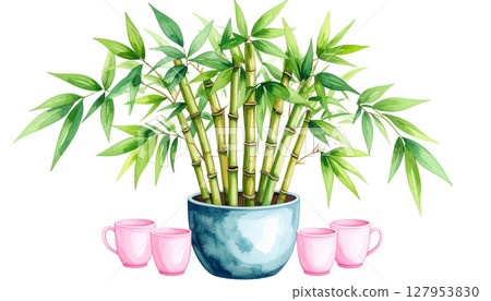 Green bamboo plant with leaves, isolated on white background Green bamboo plant with leaves, isolated on white background 127953830