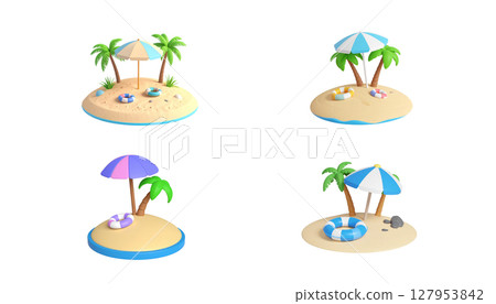 Icon set of tropical nature elements such as beach, sea, palm trees. 127953842