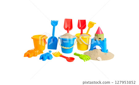 Colorful plastic buckets or beach toys Colorful plastic buckets or beach toys 127953852