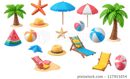 Set of colorful summer beach travel icons with sun, sea, umbrella, sunglasses and palm trees. 127953854