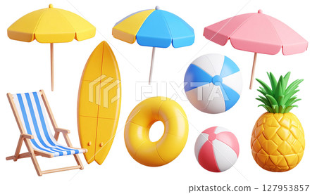 Set of colorful summer beach travel icons with sun, sea, umbrella, sunglasses and palm trees. 127953857