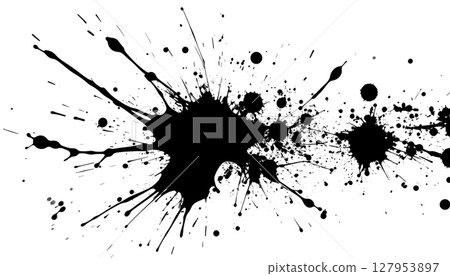 Black ink splash illustration with textured paint drops. 127953897