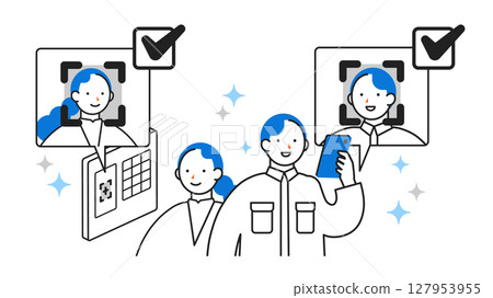 DX A simple illustration of a society promoting digital transformation Time card face recognition 127953955