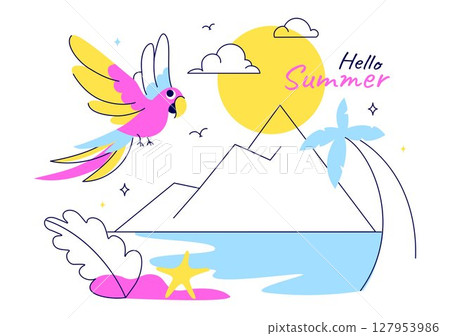 Hello Summer Vector Illustration Featuring the Sea, Beach, Sky, and Tropical Jungle Leaves in a Cute Character Activity Flat Style Cartoon Background Hello Summer Vector Illustration Featuring the Sea, Beach, Sky, and Tropical Jungle Leaves in a Cute Character Activity Flat Style Cartoon Background 127953986