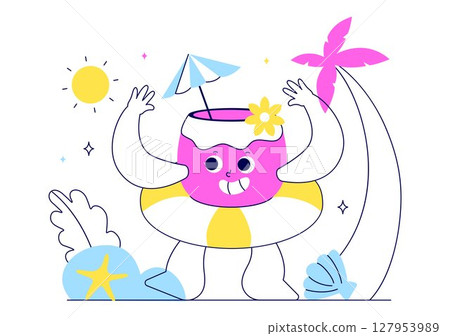 Hello Summer Vector Illustration Featuring the Sea, Beach, Sky, and Tropical Jungle Leaves in a Cute Character Activity Flat Style Cartoon Background Hello Summer Vector Illustration Featuring the Sea, Beach, Sky, and Tropical Jungle Leaves in a Cute Character Activity Flat Style Cartoon Background 127953989