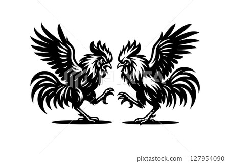 Two aggressive roosters engaged in a vector illustration of a cockfight, wings spread and talons ready. Farm animals. 127954090