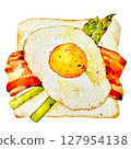 Asparagus and bacon and egg toast hand-drawn watercolor 127954138