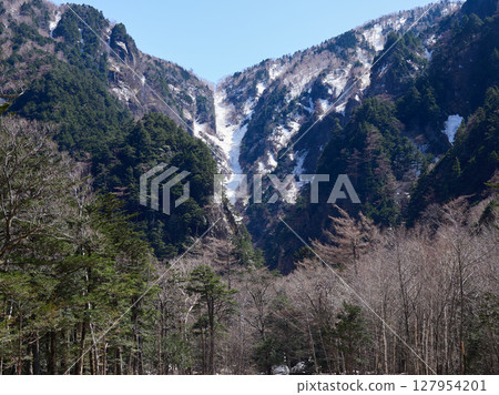 春季旅遊勝地：上高地的森林和穗高山脈的雪景 127954201
