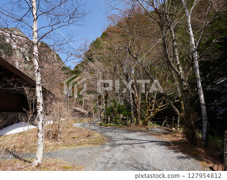 Spring scenery of the forest, snowy mountains and campsites of Kamikochi, a tourist attraction Spring scenery of the forest, snowy mountains and campsites of Kamikochi, a tourist attraction 127954812