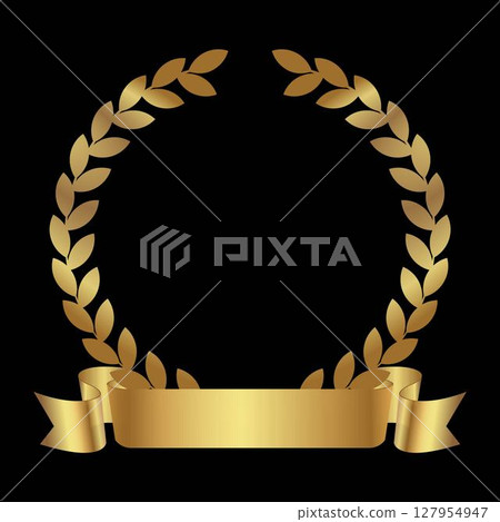 Gold laurel wreath isolated on black background. Laurel wreath with gold ribbon. Golden laurel wreath with ribbon.Vector laurel wreath. Gold laurel wreath isolated on black background. Laurel wreath with gold ribbon. Golden laurel wreath with ribbon.Vector laurel wreath. 127954947