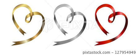 Golden, silver, red of serpentine, ribbon streamer the shape of a heart in isolated on white background. Design element For greeting with Christmas, New Year, Mother's Day, Valentine's 127954949