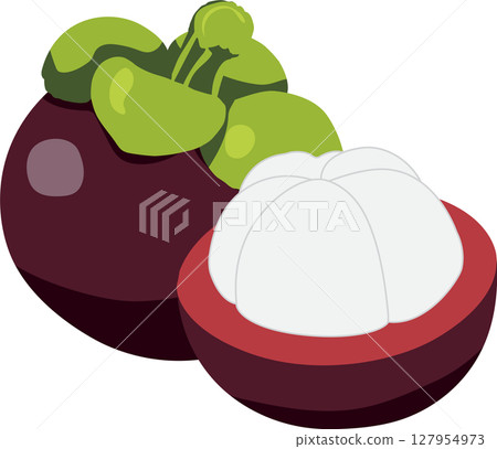 Fresh Mangosteen Whole and Half with White Flesh Isolated on Transparent Background Fresh Mangosteen Whole and Half with White Flesh Isolated on Transparent Background 127954973