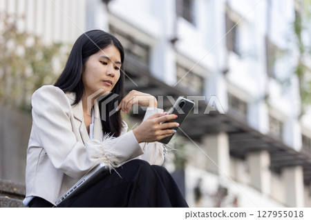 Future remote work combines technology smart phone connection online white digital business woman enable e-learning productivity while travel blend comfort modern devices serenity computer equipment 127955018