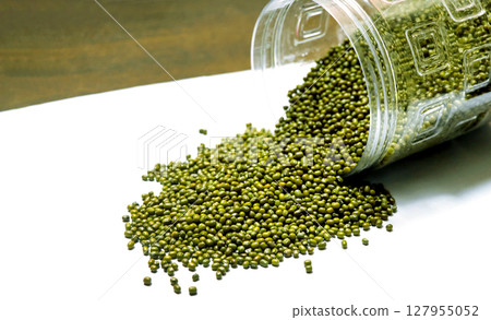 Close-up of mung beans on white background 127955052