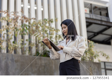 Future remote work combines technology smart phone connection online white digital business woman enable e-learning productivity while travel blend comfort modern devices serenity computer equipment 127955341