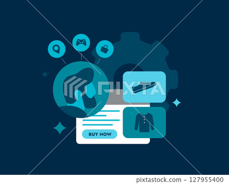 E-commerce personalization driven by AI recommendations and online user behavior supports targeted marketing and global shopping. Ecommerce personalization improves interface interaction illustration 127955400