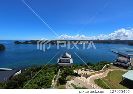 View from Hirado Castle towards Tabira Port, Misou Yagura, Hirado Ohashi Bridge and Shirahama Port in Hirado Seto 127955405