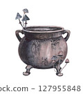 Witch's cauldron with with mushrooms toadstool isolated on white background. Watercolor hand drawn dark fantasy sketch illustration. Art design mystical halloween witch decoration, scary greeting card 127955848