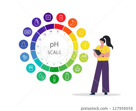 PH Scale. Chart of values and balance level of ph. Infographic on acid-base measurement. Vector illustration in flat style 127956058