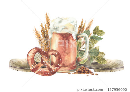 Germany light beer mug with traditional salted pretzel and Bavarian boots on hops and spikes of malt background. Oktoberfest realistic hand drawn watercolor for beer label, menu Isolated clipart Germany light beer mug with traditional salted pretzel and Bavarian boots on hops and spikes of malt background. Oktoberfest realistic hand drawn watercolor for beer label, menu Isolated clipart 127956090