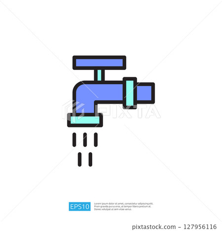 Clean and Disinfect Icon of a Modern Faucet with Blue and Green Design, Featuring Water Dripping from the Tap 127956116
