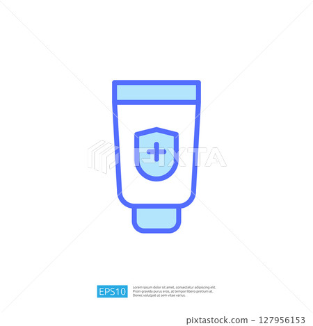 Clean And Disinfect Icon Representing Health And Hygiene With A Tube Of Sanitizer Cream And Medical Shield Symbol In Blue And White Colors 127956153