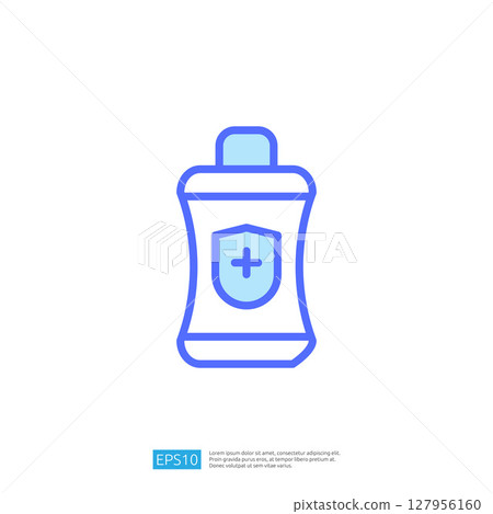 Clean and Disinfect Icon of a Sanitizing Liquid Bottle with a Protection Shield Symbol in Blue Color Clean and Disinfect Icon of a Sanitizing Liquid Bottle with a Protection Shield Symbol in Blue Color 127956160