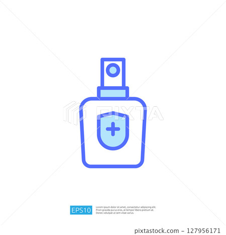 Icon Representing a Clean and Disinfect Spray Bottle with Health Protection Symbol in Blue Color Theme Icon Representing a Clean and Disinfect Spray Bottle with Health Protection Symbol in Blue Color Theme 127956171