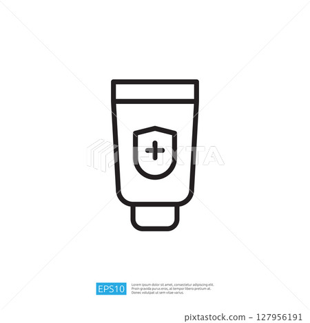 Clean and Disinfect Icon Featuring a Tube of Antiseptic Lotion with Protection Symbol in Minimalist Design 127956191