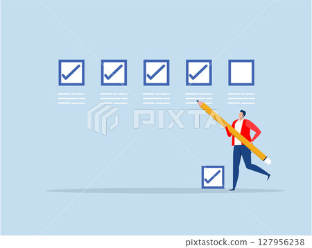 checking the list,businessman expert holding pencil tick all completed task checkbox,Getting things done, completed tasks achievement or project progression concept vector 127956238