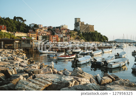 Charming Harbor View with Colorful Coastal Village Charming Harbor View with Colorful Coastal Village 127956325