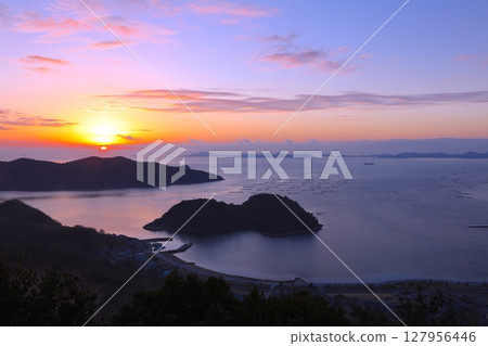 A spectacular first sunrise over Sakae's oyster rafts, Ikushima Island, and the Ieshima Islands in the distance (from the summit of Chausuyama Castle ruins) A spectacular first sunrise over Sakae's oyster rafts, Ikushima Island, and the Ieshima Islands in the distance (from the summit of Chausuyama Castle ruins) 127956446