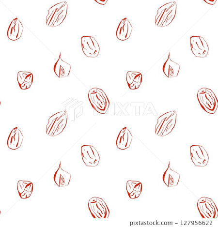 Seamless pattern with hand drawn nutmeg whole and cut spice sketch in red on white background for kitchen or food packaging design Seamless pattern with hand drawn nutmeg whole and cut spice sketch in red on white background for kitchen or food packaging design 127956622