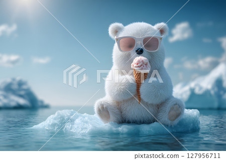 Illustration of a cute polar bear wearing sunglasses holding an ice cream 127956711