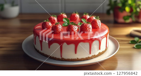 Strawberry cheesecake topped with fresh strawberries on a wooden table in a cozy kitchen setting 127956842