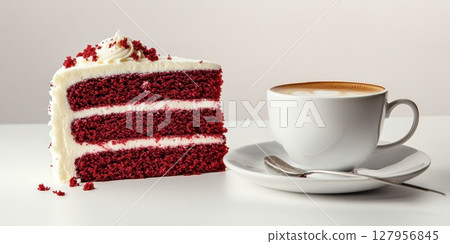 Enjoying a slice of red velvet cake paired with a cup of coffee at a cozy cafe in the afternoon 127956845